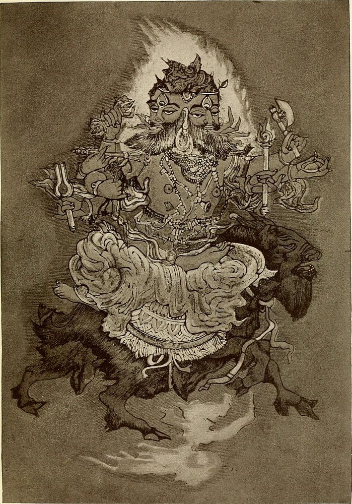 アグニ——炎を背負い山羊に乗る火の神（ナンダラール・ボース画）