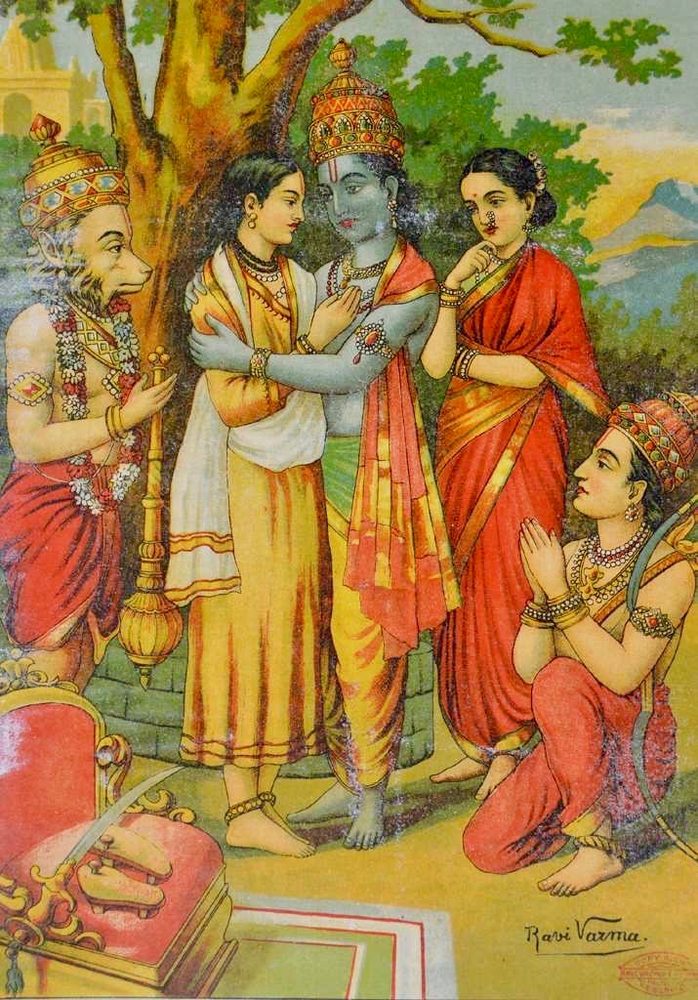 ラーマ——青肌のヴィシュヌ第7の化身とハヌマーン（ラジャ・ラヴィ・ヴァルマ画）