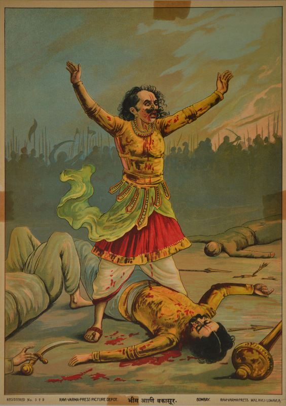 ビーマ——怪力のパーンダヴァ次兄、魔王バカースラを倒す（ラジャ・ラヴィ・ヴァルマ・プレス版）