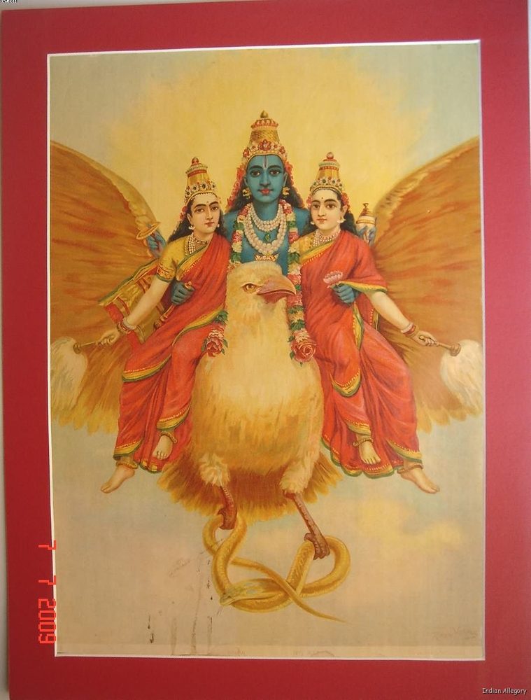 ガルダ——ヴィシュヌと妃たちを背に飛翔する神鳥（ラジャ・ラヴィ・ヴァルマ・スタジオ版）