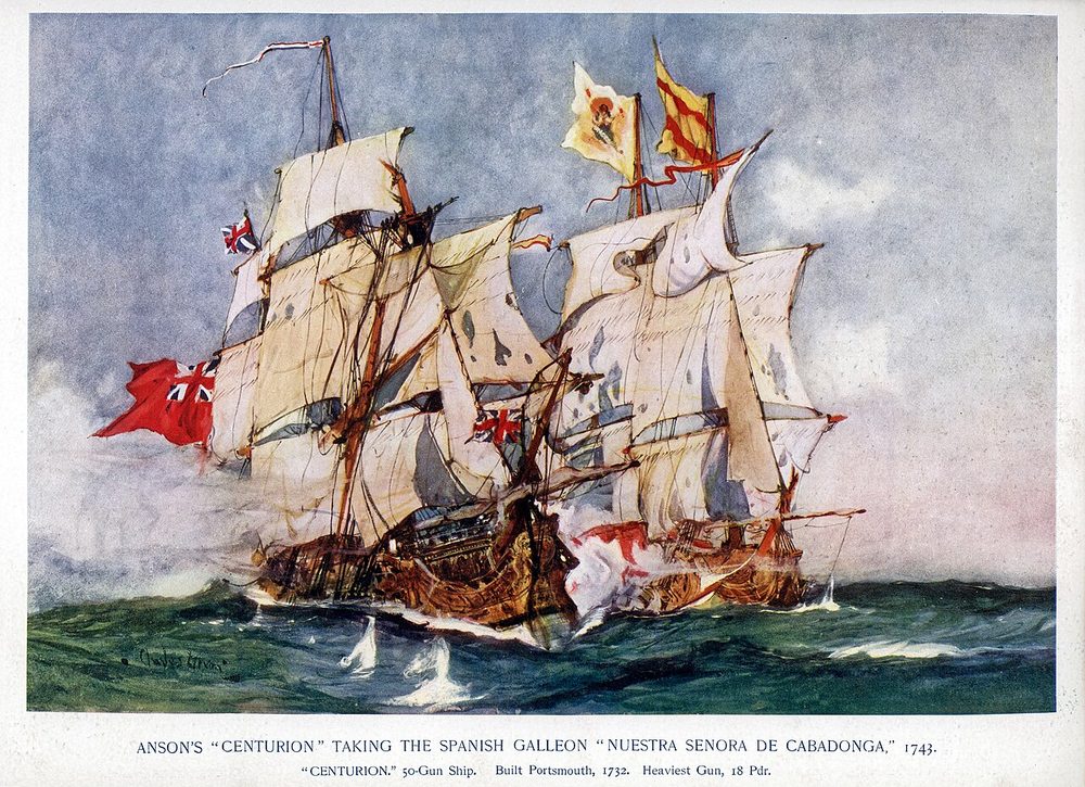 18世紀のスペインガレオン船（同時代の海戦絵）
