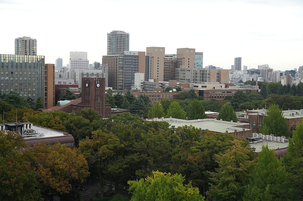 本郷キャンパスから望む風景。中央やや左に安田講堂の時計台、周囲は都心のビル群が広がる