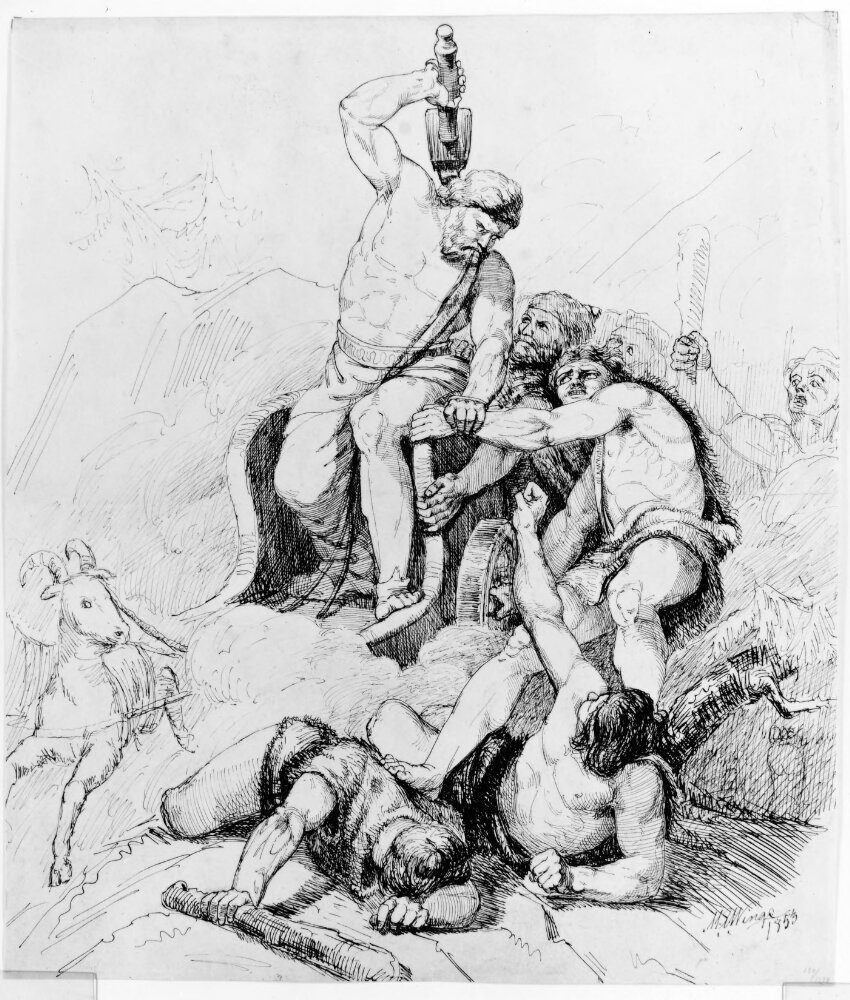 トール——ミョルニルを振るって巨人と戦うシーン（マルテン・ヴィンゲのスケッチ）。