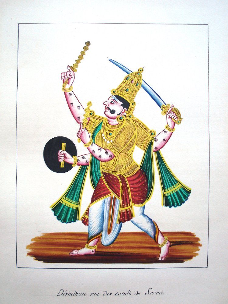 インドラ神——雷神の4本腕に剣と盾、鋭角的な稲妻形の武器ヴァジュラを構える姿の彩色絵画。