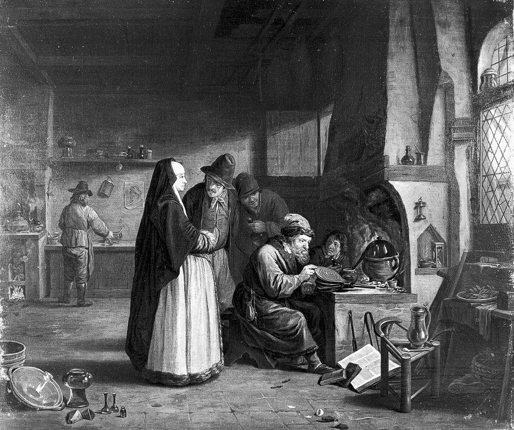 錬金術師の工房を訪れる人々を描いた絵画