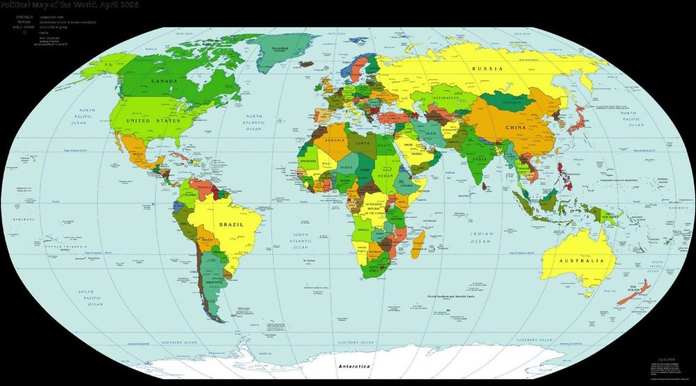 世界各国を色分けした世界地図と地理クイズ