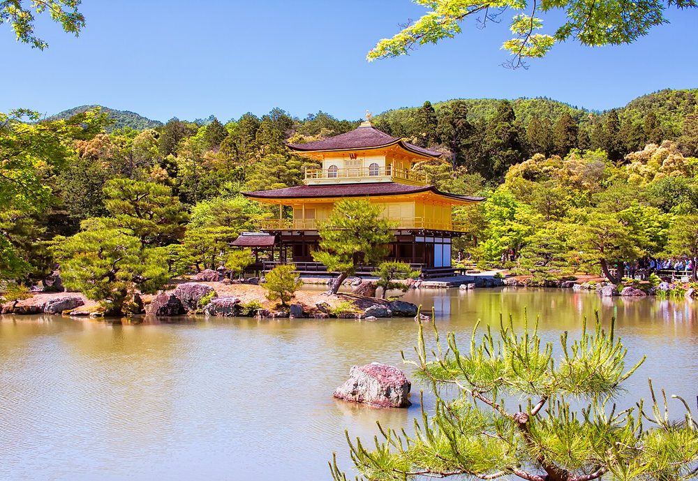 金色に輝く金閣寺と屋根の鳳凰