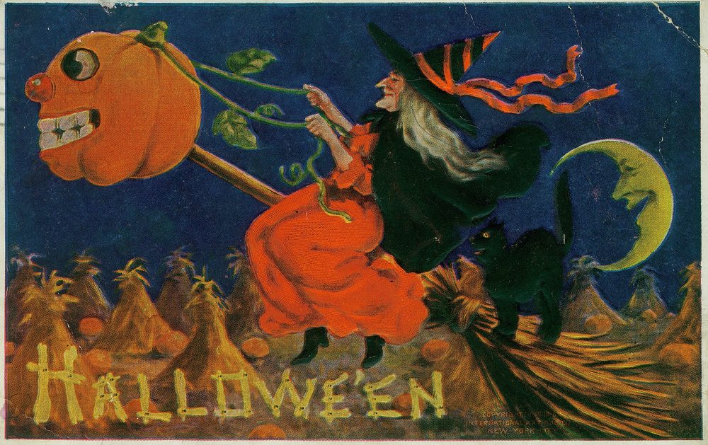 ほうきに乗り黒猫を連れた魔女を描いたハロウィンの古い絵